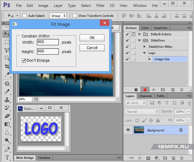 Автоматическое уменьшение фотографий в Adobe Photoshop с нанесением логотипа
