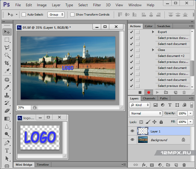 Автоматическое уменьшение фотографий в Adobe Photoshop с нанесением логотипа